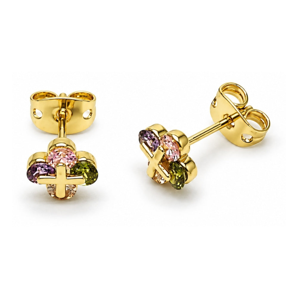 Oro Laminado Stud Earring, Gold Filled Style Four-leaf Clover Design, with Multicolor Cubic Zirconia, Polished, Golden Finish