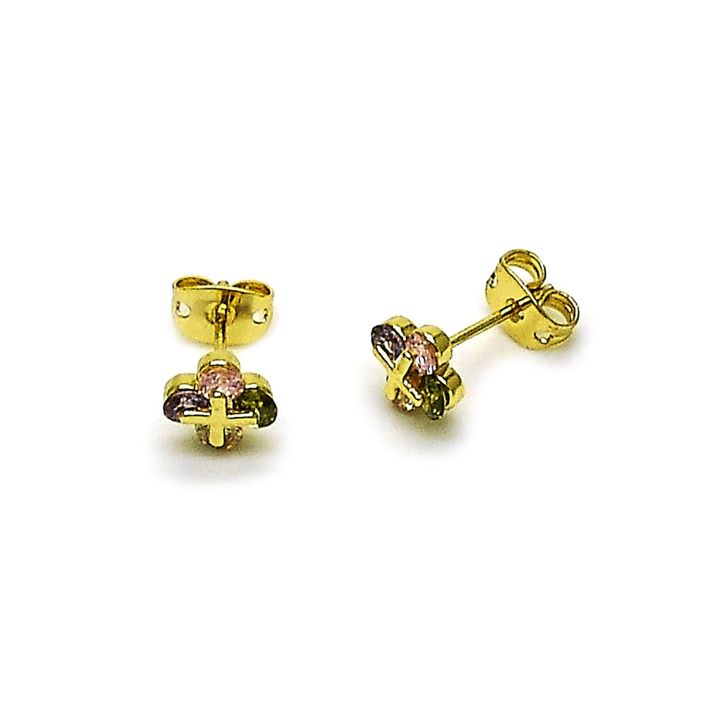 Oro Laminado Stud Earring, Gold Filled Style Four-leaf Clover Design, with Multicolor Cubic Zirconia, Polished, Golden Finish