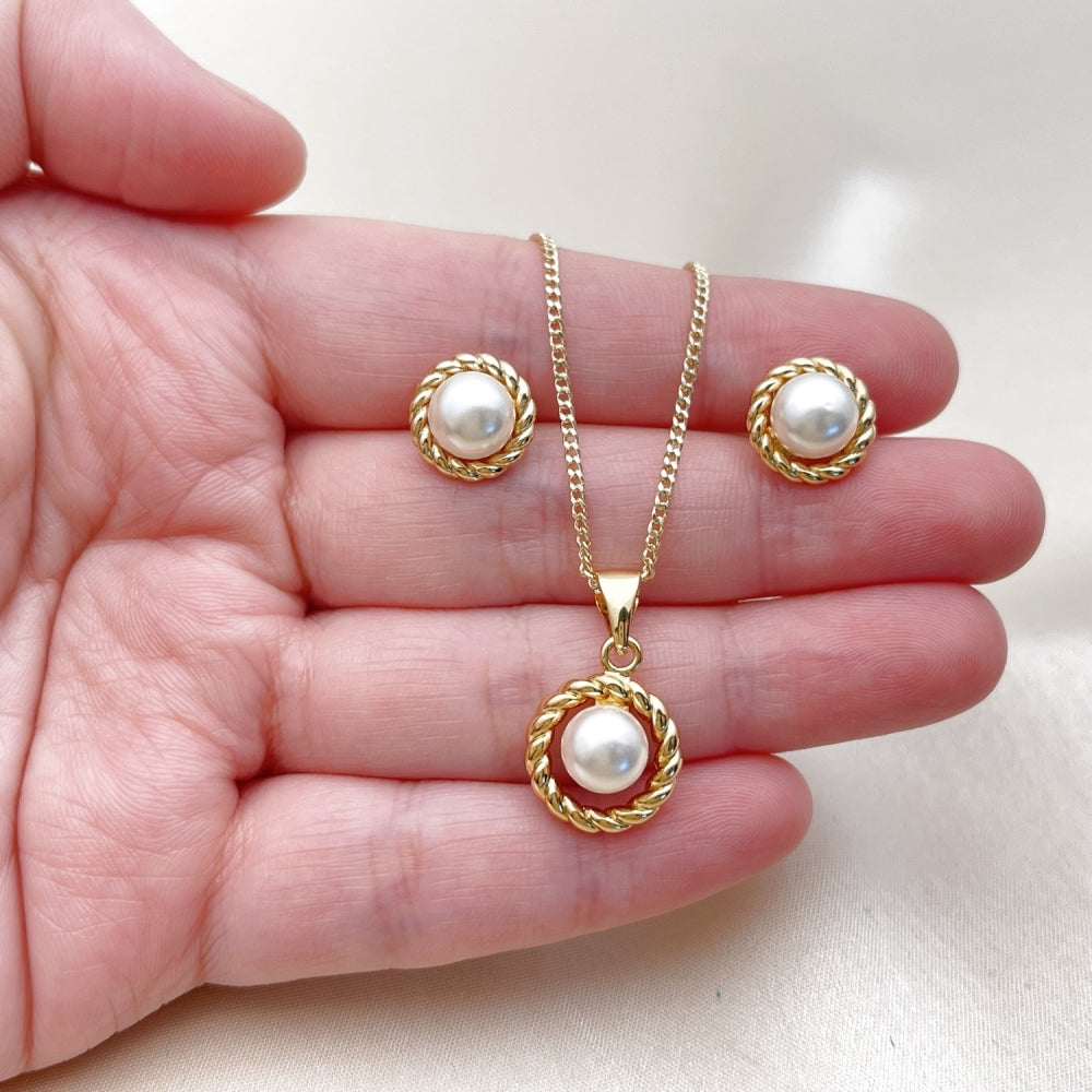 Oro Laminado Earring and Pendant Adult Set, Gold Filled Style Ball and Twist Design, with Ivory Pearl, Polished, Golden Finish