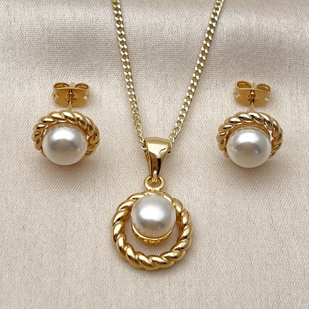 Oro Laminado Earring and Pendant Adult Set, Gold Filled Style Ball and Twist Design, with Ivory Pearl, Polished, Golden Finish