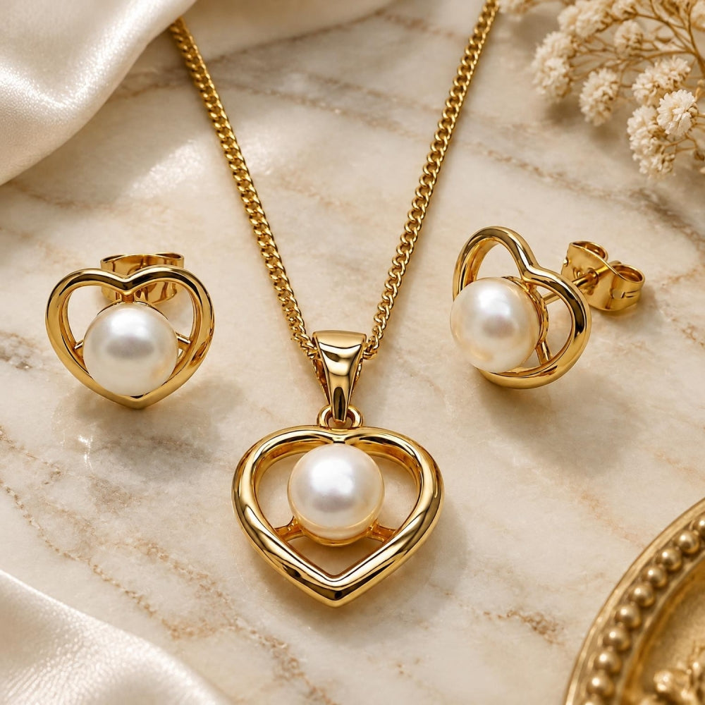 Oro Laminado Earring and Pendant Adult Set, Gold Filled Style Heart and Ball Design, with Ivory Pearl, Polished, Golden Finish