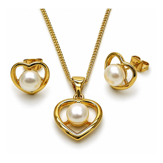 Oro Laminado Earring and Pendant Adult Set, Gold Filled Style Heart and Ball Design, with Ivory Pearl, Polished, Golden Finish