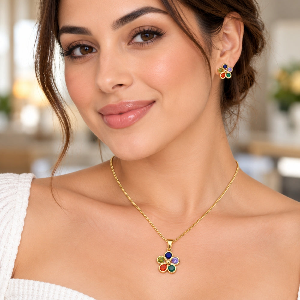 Oro Laminado Earring and Pendant Adult Set, Gold Filled Style Flower Design, with Multicolor Cubic Zirconia, Polished, Golden Finish