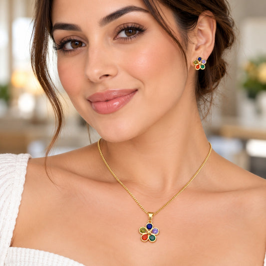 Oro Laminado Earring and Pendant Adult Set, Gold Filled Style Flower Design, with Multicolor Cubic Zirconia, Polished, Golden Finish