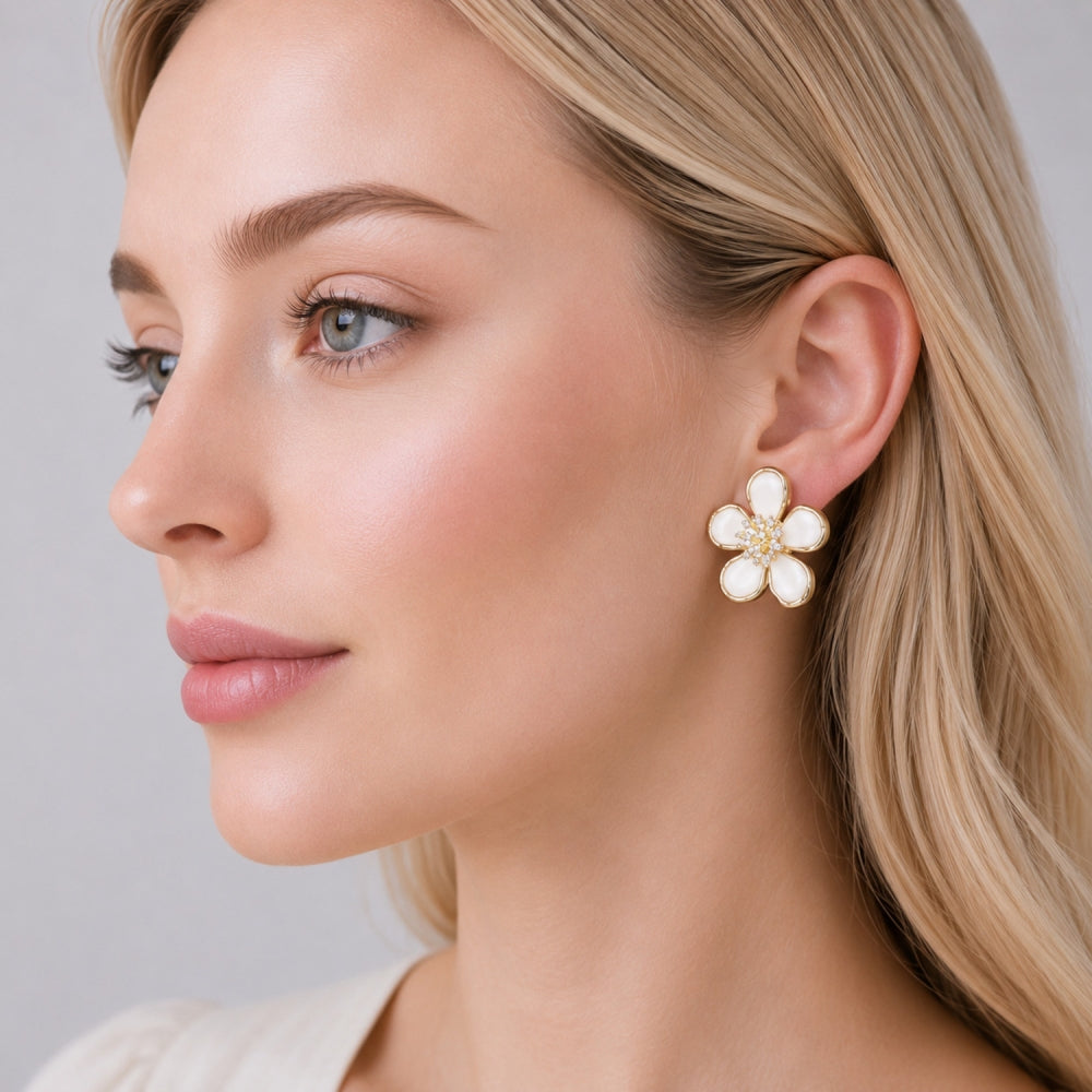 Oro Laminado Stud Earring, Gold Filled Style Flower Design, with Ivory Mother of Pearl and White Cubic Zirconia, Polished, Golden Finish