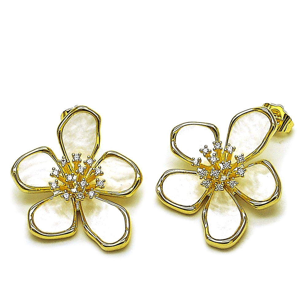 Oro Laminado Stud Earring, Gold Filled Style Flower Design, with Ivory Mother of Pearl and White Cubic Zirconia, Polished, Golden Finish