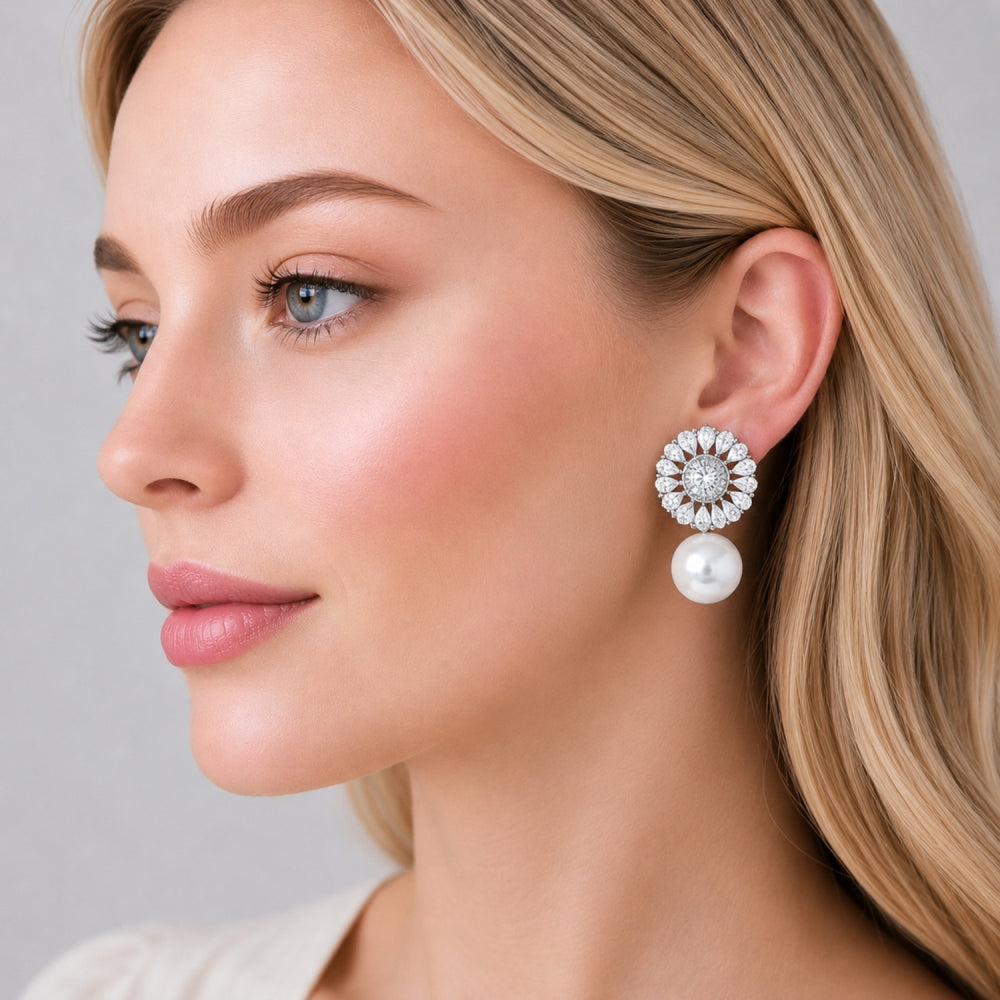 Oro Laminado Stud Earring, Gold Filled Style Ball and Cluster Design, with White Cubic Zirconia and Ivory Pearl, Polished, Golden Finish
