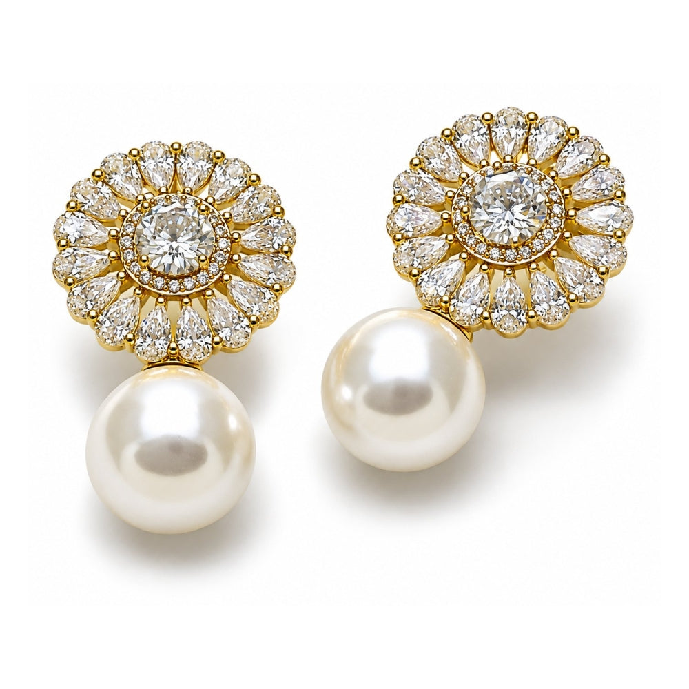 Oro Laminado Stud Earring, Gold Filled Style Ball and Cluster Design, with White Cubic Zirconia and Ivory Pearl, Polished, Golden Finish