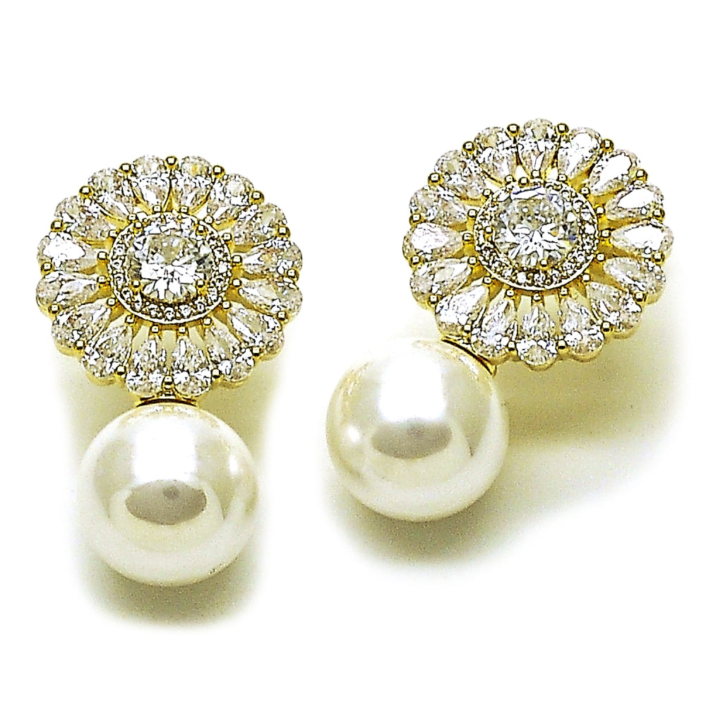 Oro Laminado Stud Earring, Gold Filled Style Ball and Cluster Design, with White Cubic Zirconia and Ivory Pearl, Polished, Golden Finish