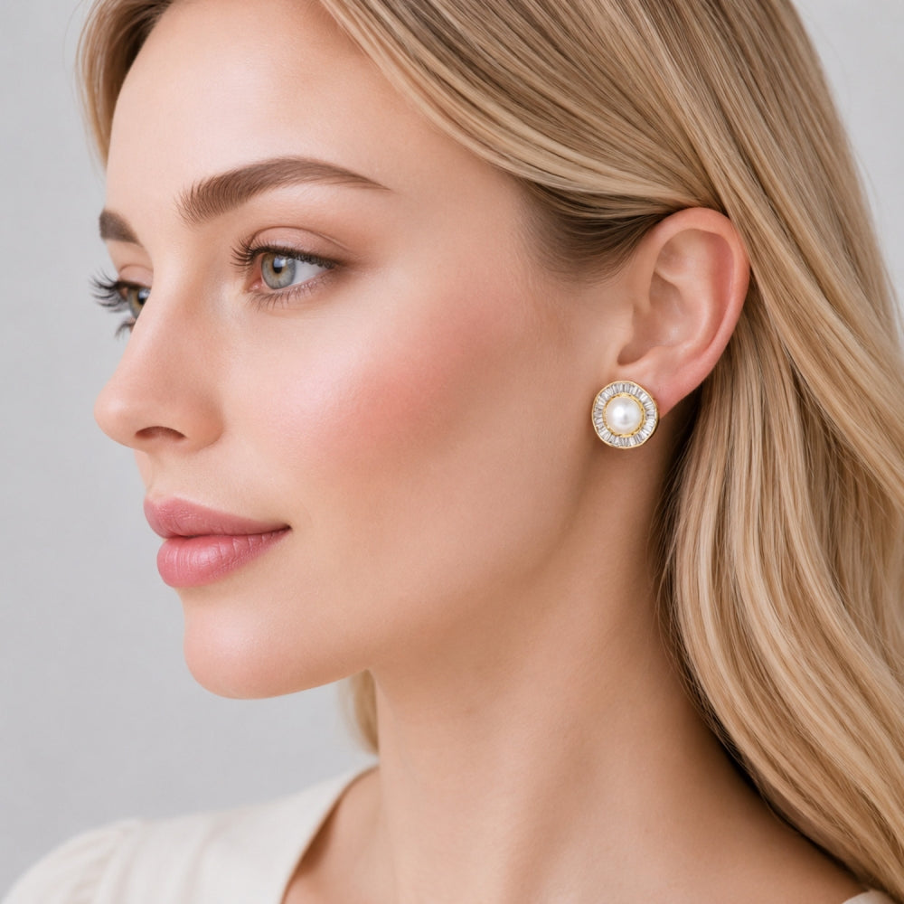 Oro Laminado Stud Earring, Gold Filled Style Cluster and Baguette Design, with White Cubic Zirconia and Ivory Pearl, Polished, Golden Finish