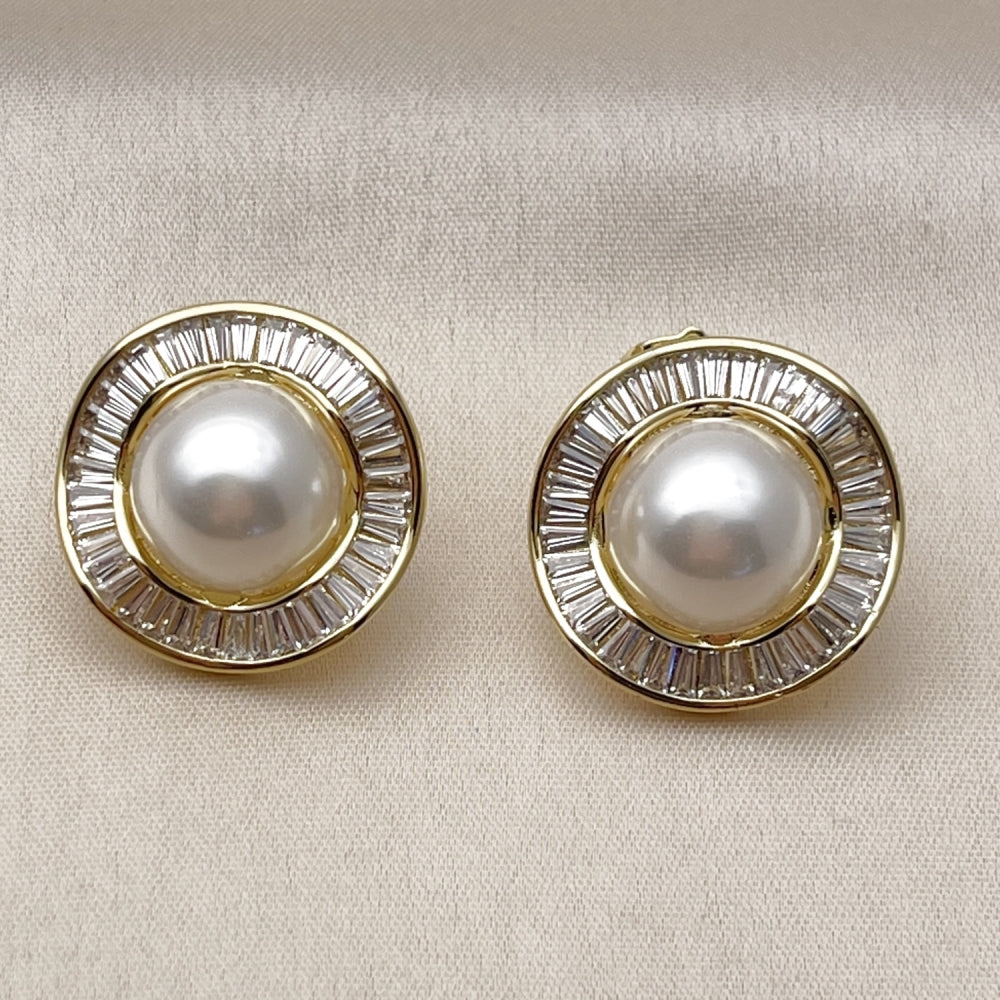 Oro Laminado Stud Earring, Gold Filled Style Cluster and Baguette Design, with White Cubic Zirconia and Ivory Pearl, Polished, Golden Finish