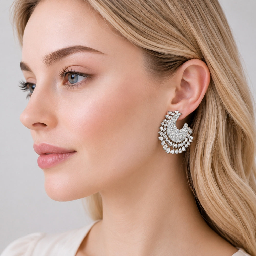 Oro Laminado Stud Earring, Gold Filled Style Teardrop Design, with White Cubic Zirconia, Polished, Golden Finish