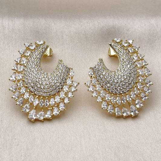 Oro Laminado Stud Earring, Gold Filled Style Teardrop Design, with White Cubic Zirconia, Polished, Golden Finish