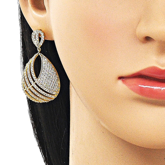 Oro Laminado Dangle Earring, Gold Filled Style Teardrop Design, with White Cubic Zirconia, Polished, Golden Finish