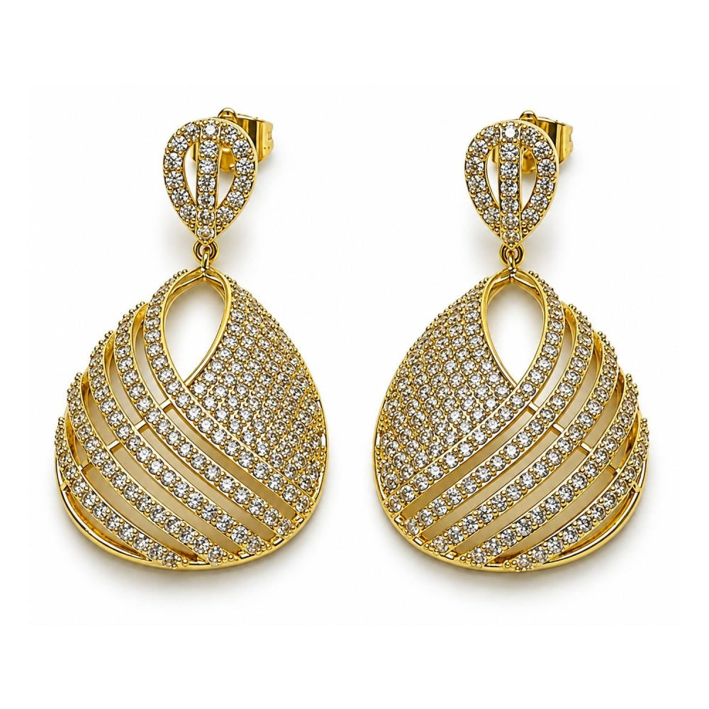 Oro Laminado Dangle Earring, Gold Filled Style Teardrop Design, with White Cubic Zirconia, Polished, Golden Finish
