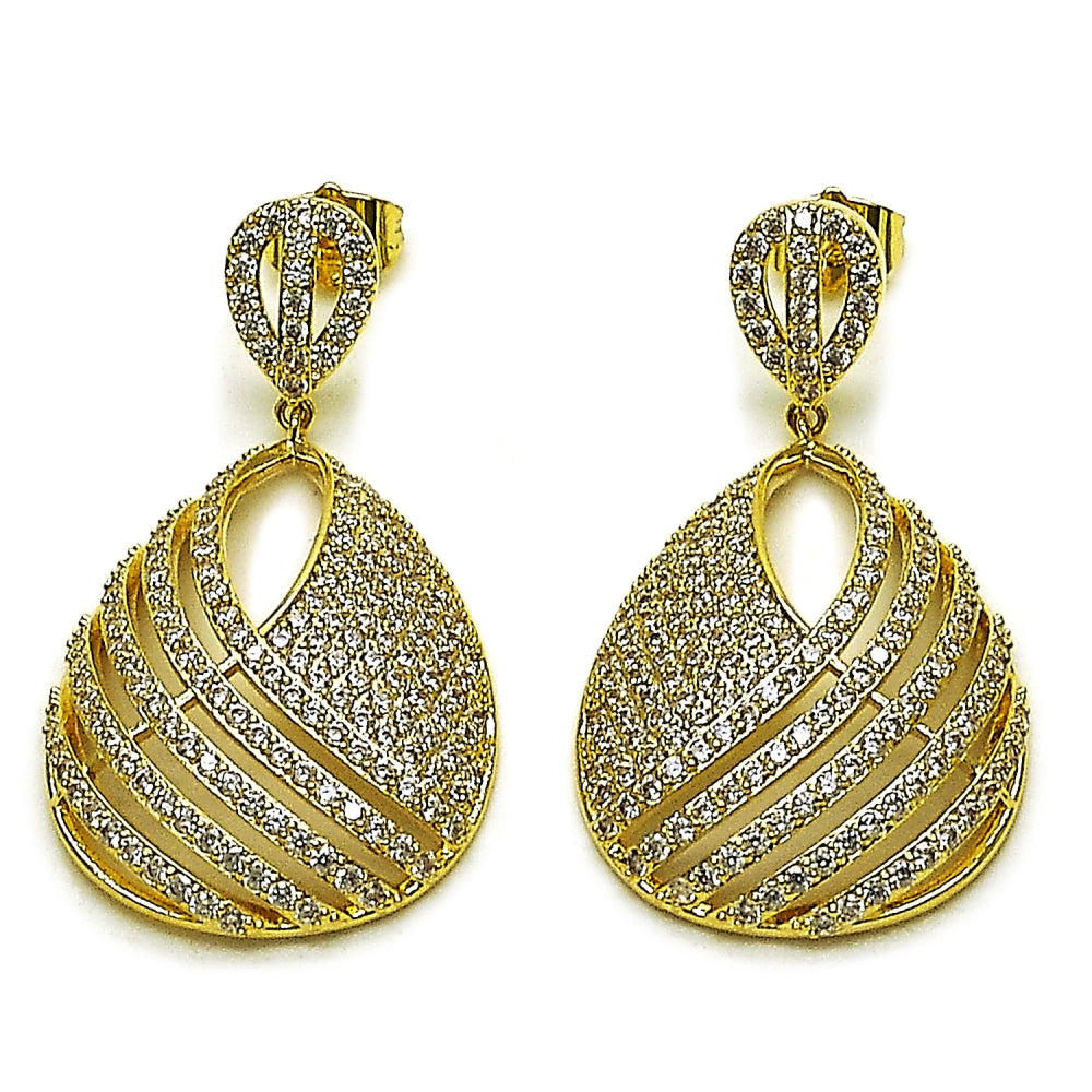 Oro Laminado Dangle Earring, Gold Filled Style Teardrop Design, with White Cubic Zirconia, Polished, Golden Finish