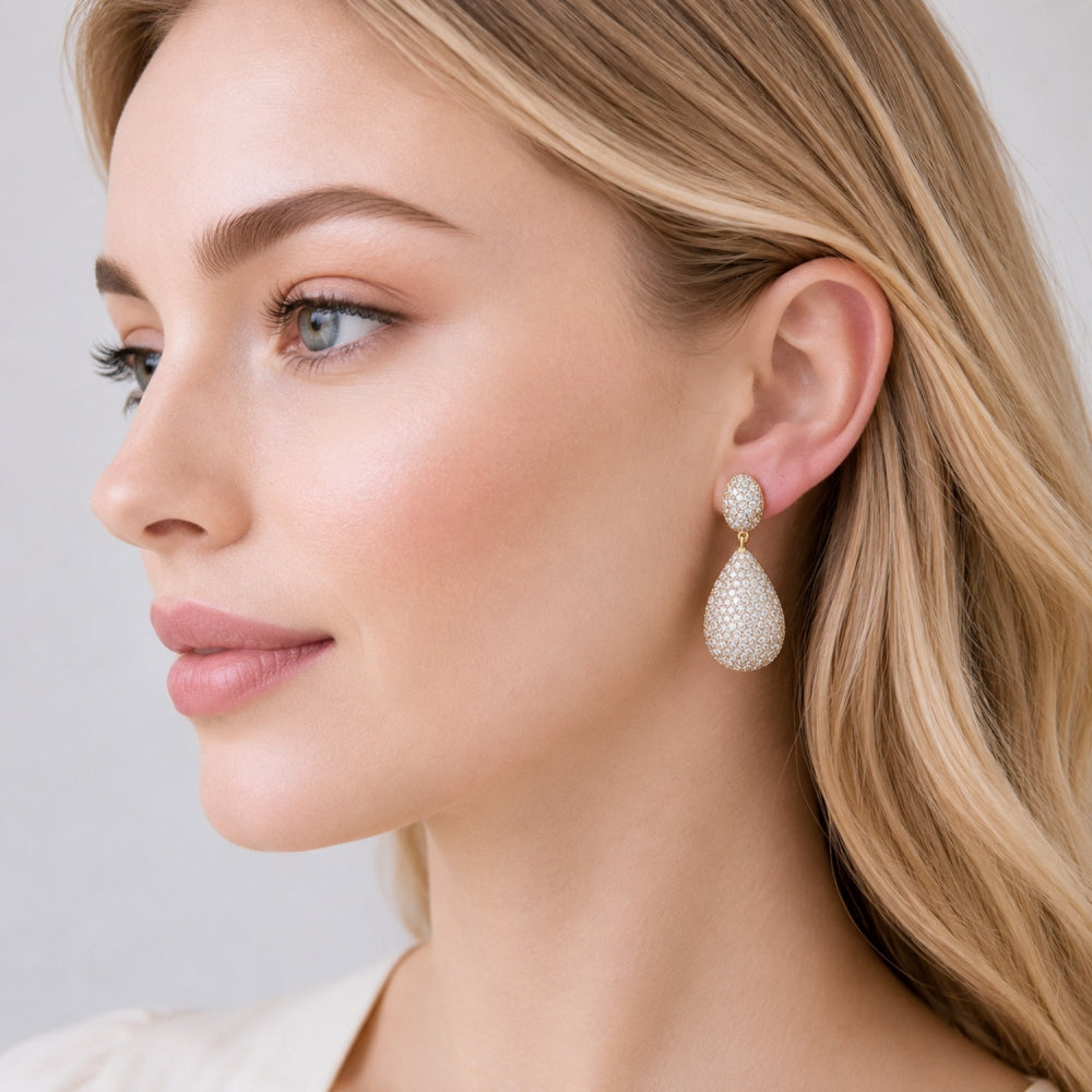Oro Laminado Dangle Earring, Gold Filled Style Teardrop Design, with White Cubic Zirconia, Polished, Golden Finish