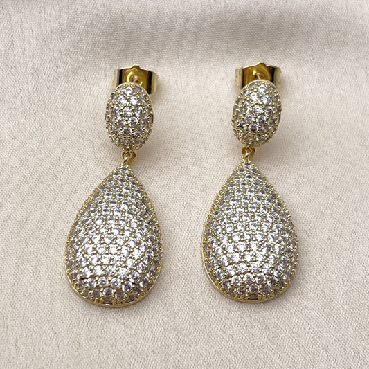 Oro Laminado Dangle Earring, Gold Filled Style Teardrop Design, with White Cubic Zirconia, Polished, Golden Finish