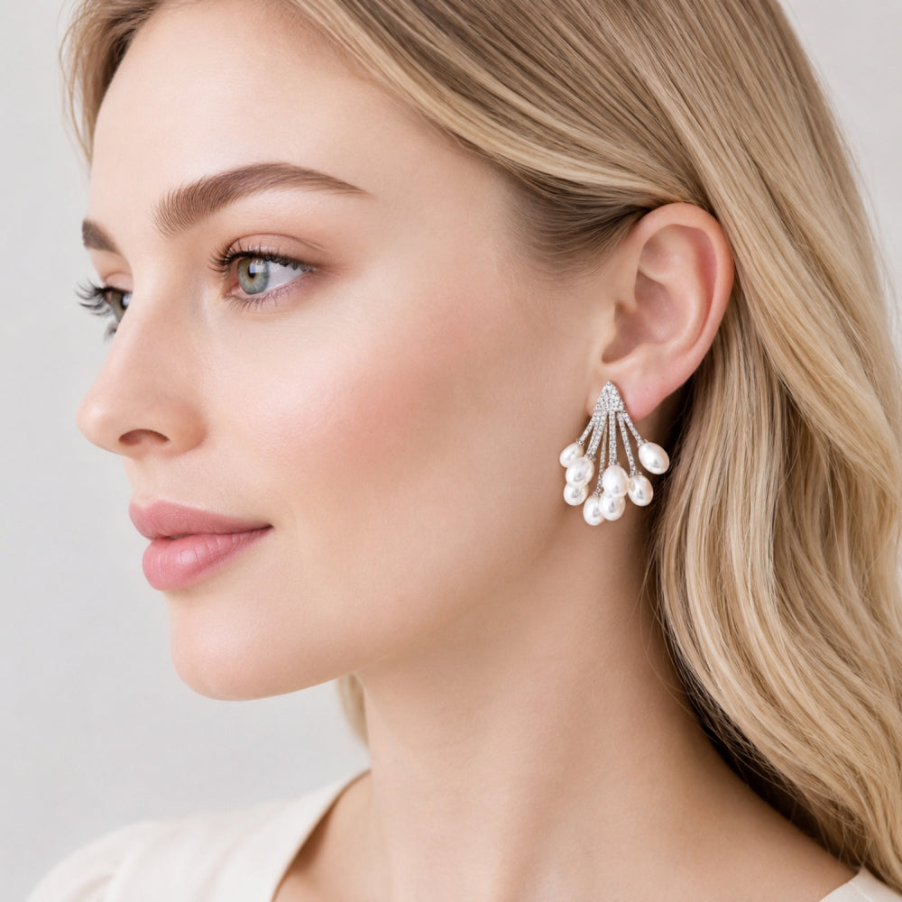 Oro Laminado Stud Earring, Gold Filled Style Flower Design, with Ivory Pearl and White Micro Pave, Polished, Golden Finish