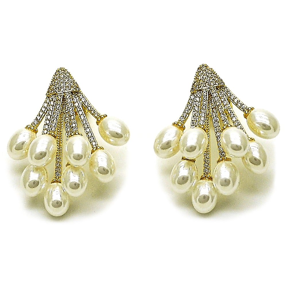 Oro Laminado Stud Earring, Gold Filled Style Flower Design, with Ivory Pearl and White Micro Pave, Polished, Golden Finish