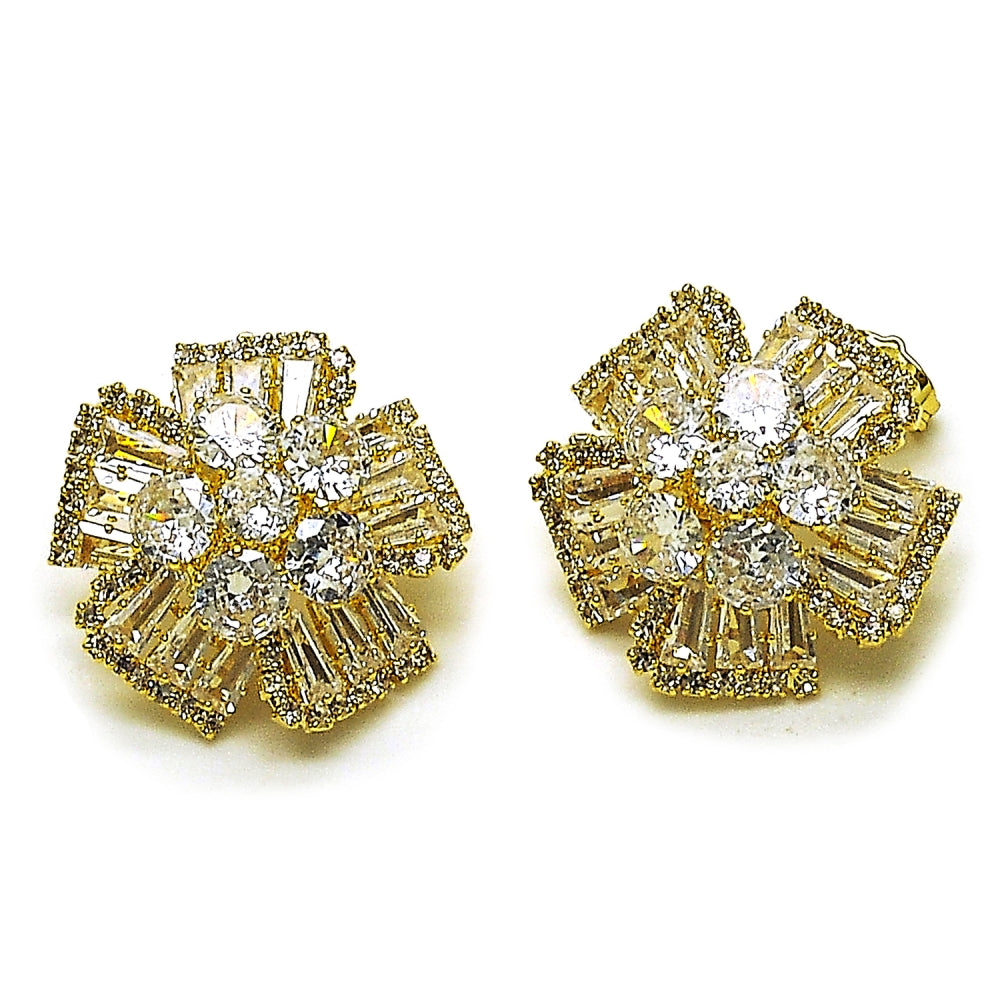 Oro Laminado Stud Earring, Gold Filled Style Flower and Baguette Design, with White Cubic Zirconia, Polished, Golden Finish