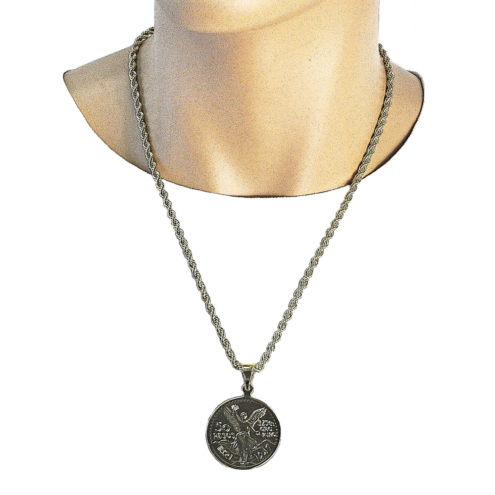 Oro Laminado Religious Pendant, Gold Filled Style Coin and Centenario Coin Design, Polished, Golden Finish