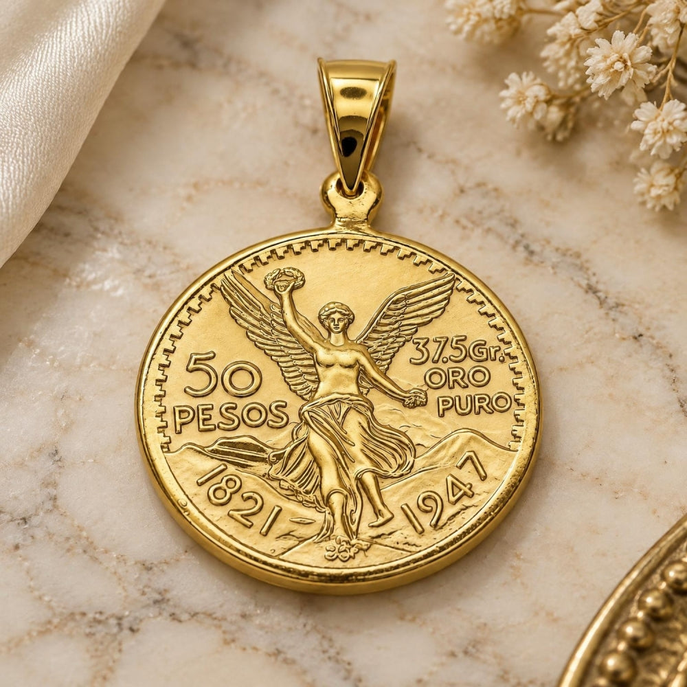 Oro Laminado Religious Pendant, Gold Filled Style Coin and Centenario Coin Design, Polished, Golden Finish