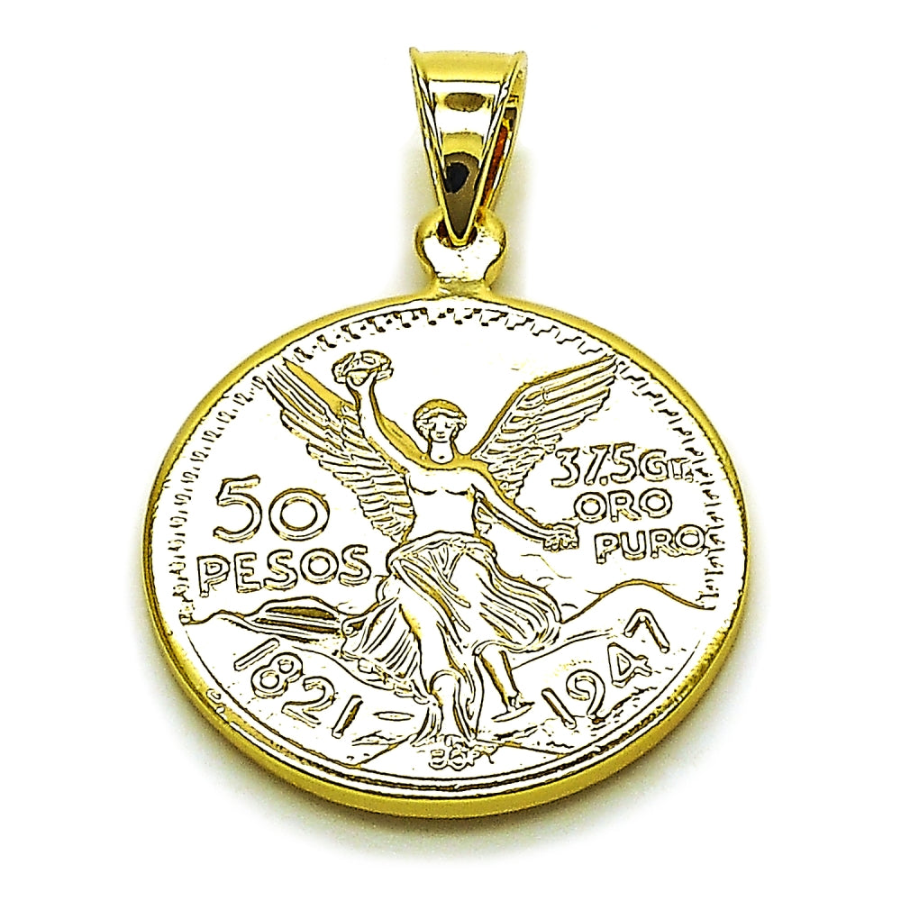 Oro Laminado Religious Pendant, Gold Filled Style Coin and Centenario Coin Design, Polished, Golden Finish