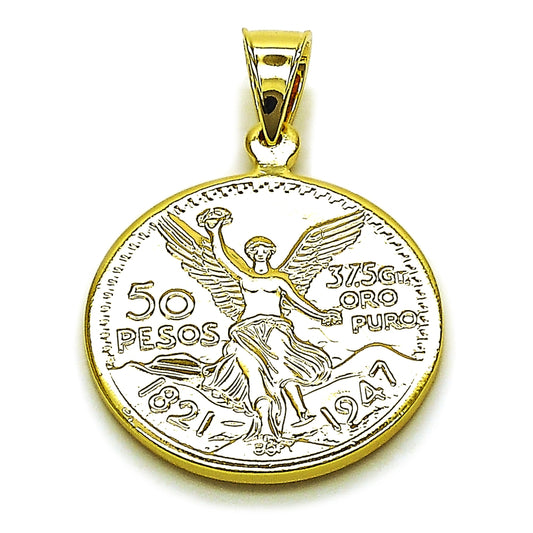 Oro Laminado Religious Pendant, Gold Filled Style Coin and Centenario Coin Design, Polished, Golden Finish