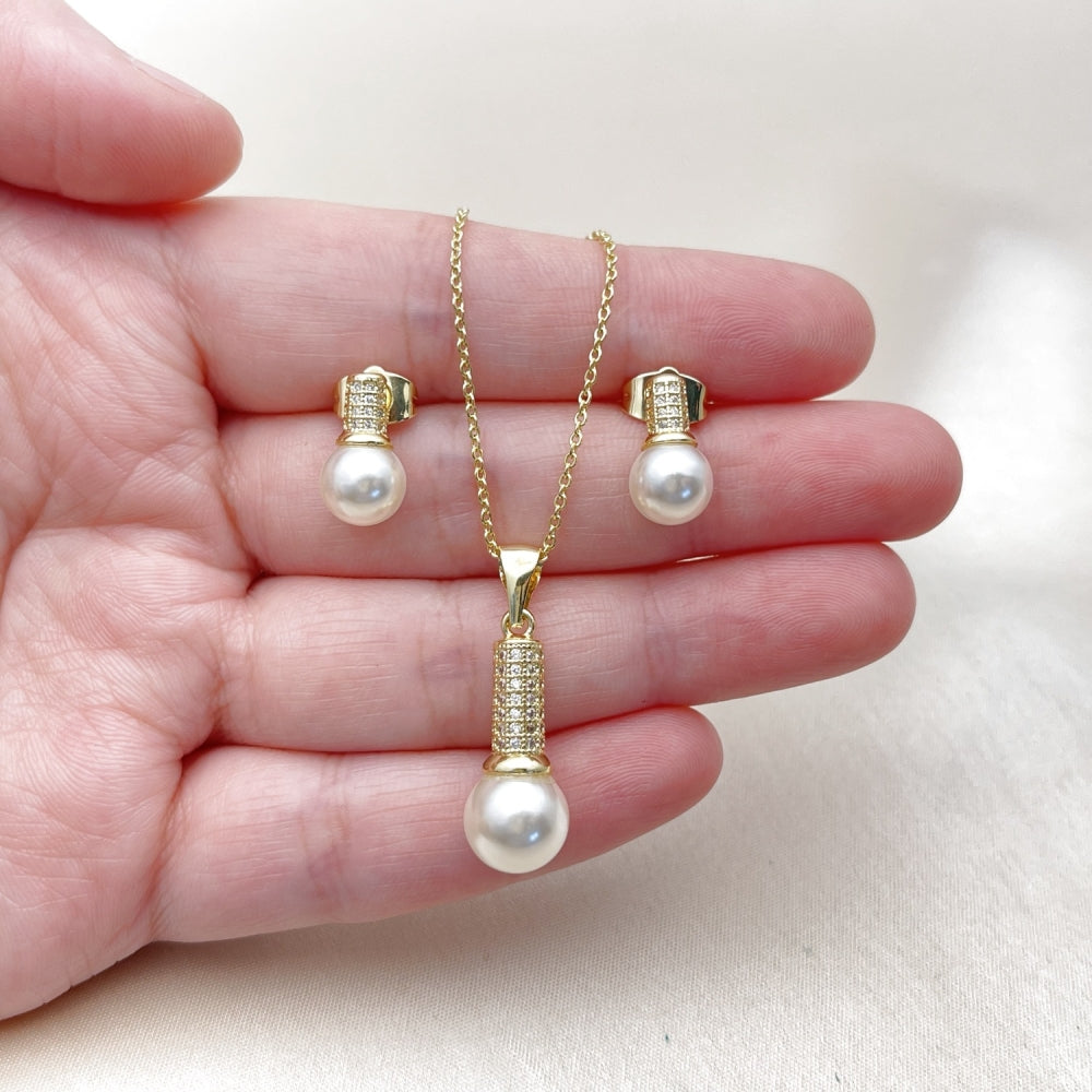Oro Laminado Earring and Pendant Adult Set, Gold Filled Style Ball Design, with Ivory Pearl and White Micro Pave, Diamond Cutting Finish, Golden Finish