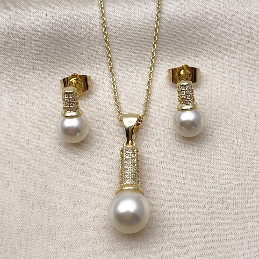 Oro Laminado Earring and Pendant Adult Set, Gold Filled Style Ball Design, with Ivory Pearl and White Micro Pave, Diamond Cutting Finish, Golden Finish