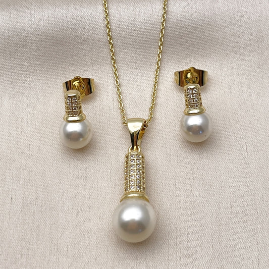 Oro Laminado Earring and Pendant Adult Set, Gold Filled Style Ball Design, with Ivory Pearl and White Micro Pave, Diamond Cutting Finish, Golden Finish