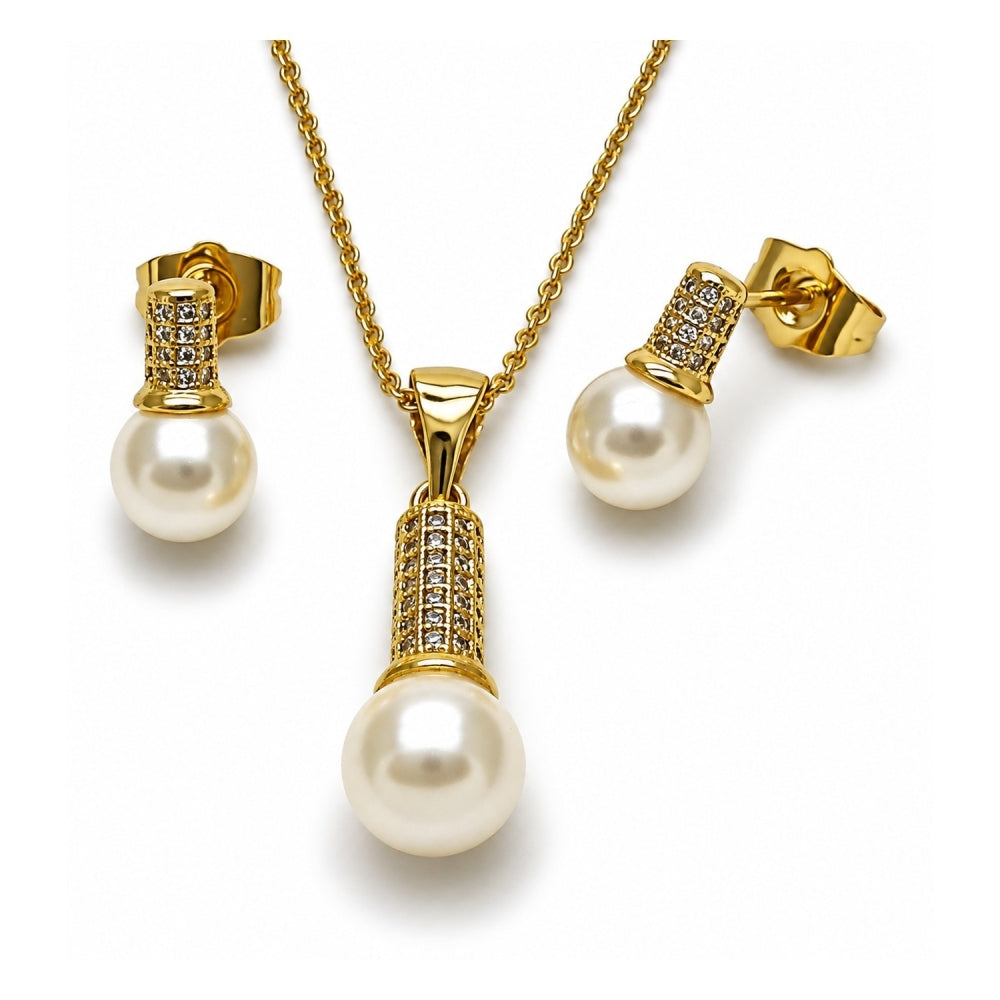 Oro Laminado Earring and Pendant Adult Set, Gold Filled Style Ball Design, with Ivory Pearl and White Micro Pave, Diamond Cutting Finish, Golden Finish