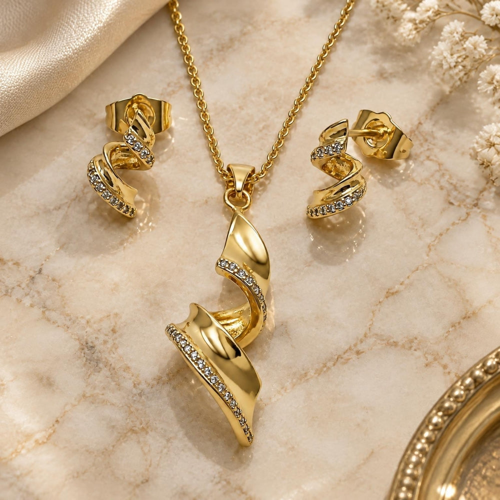 Oro Laminado Earring and Pendant Adult Set, Gold Filled Style Twist Design, with White Micro Pave, Polished, Golden Finish