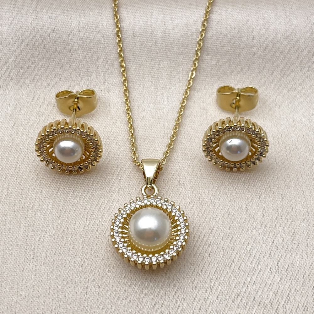 Oro Laminado Earring and Pendant Adult Set, Gold Filled Style Cluster and Ball Design, with White Micro Pave and Ivory Pearl, Polished, Golden Finish
