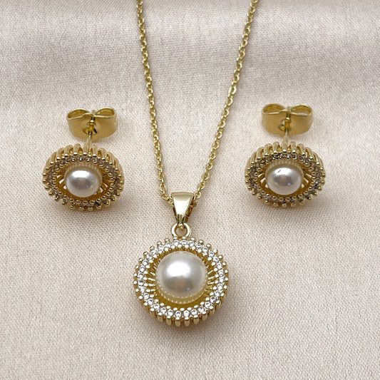 Oro Laminado Earring and Pendant Adult Set, Gold Filled Style Cluster and Ball Design, with White Micro Pave and Ivory Pearl, Polished, Golden Finish
