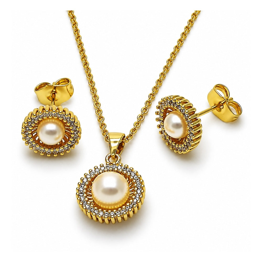 Oro Laminado Earring and Pendant Adult Set, Gold Filled Style Cluster and Ball Design, with White Micro Pave and Ivory Pearl, Polished, Golden Finish
