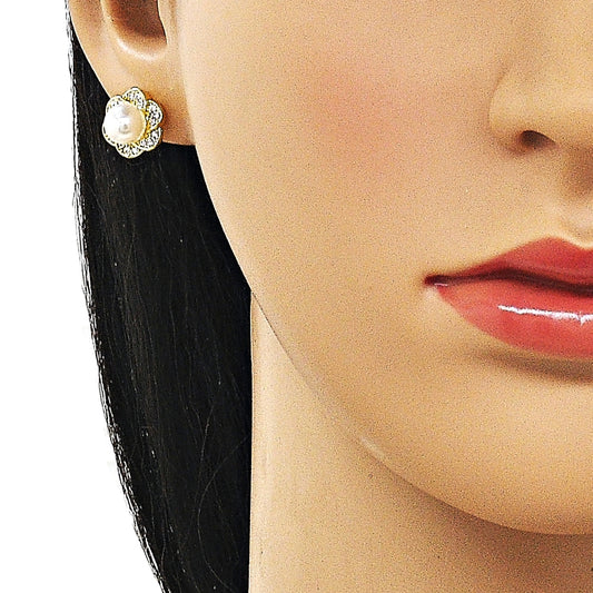 Oro Laminado Stud Earring, Gold Filled Style Flower and Cluster Design, with Ivory Pearl and White Micro Pave, Polished, Golden Finish