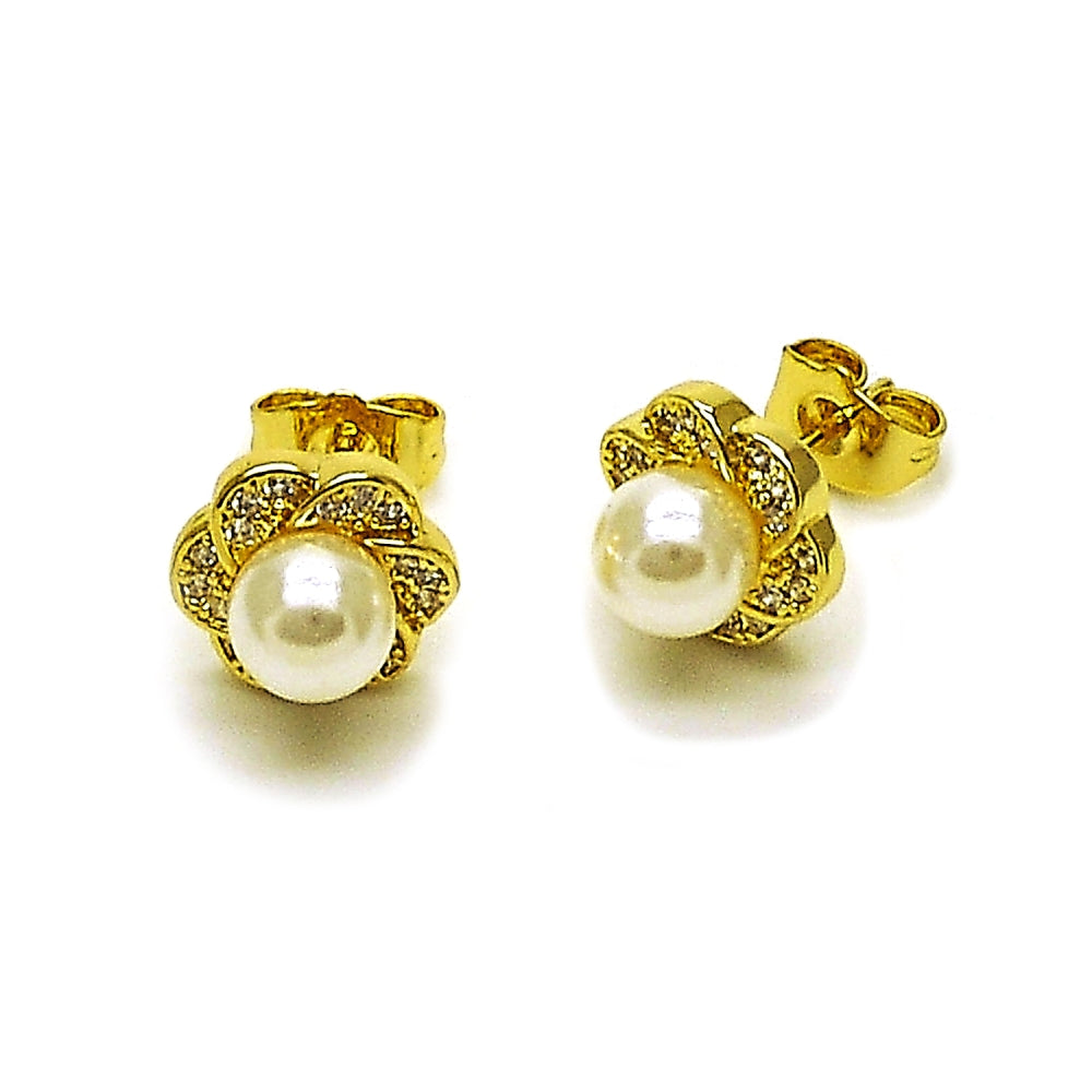 Oro Laminado Stud Earring, Gold Filled Style Flower and Cluster Design, with Ivory Pearl and White Micro Pave, Polished, Golden Finish