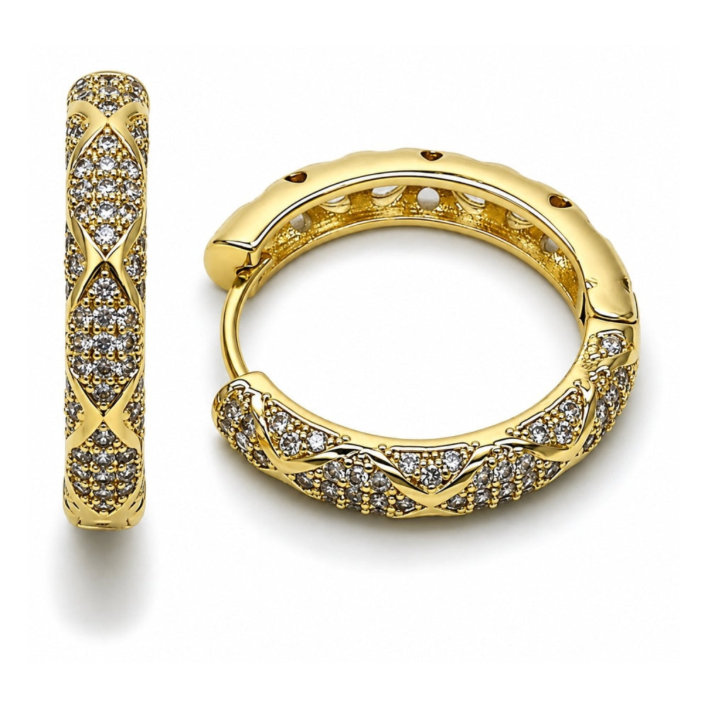 Oro Laminado Huggie Hoop, Gold Filled Style with White Cubic Zirconia, Polished, Golden Finish