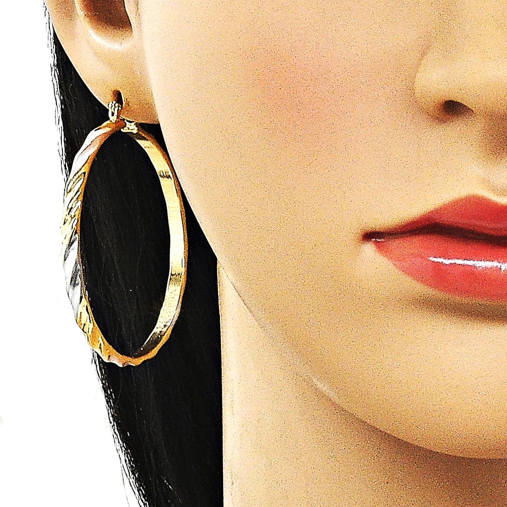 Oro Laminado Large Hoop, Gold Filled Style Twist Design, Polished, Tricolor