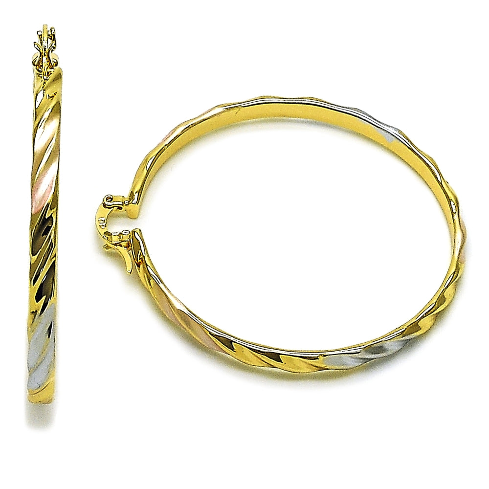 Oro Laminado Large Hoop, Gold Filled Style Twist Design, Polished, Tricolor