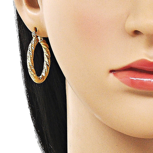Oro Laminado Medium Hoop, Gold Filled Style Twist Design, Diamond Cutting Finish, Golden Finish