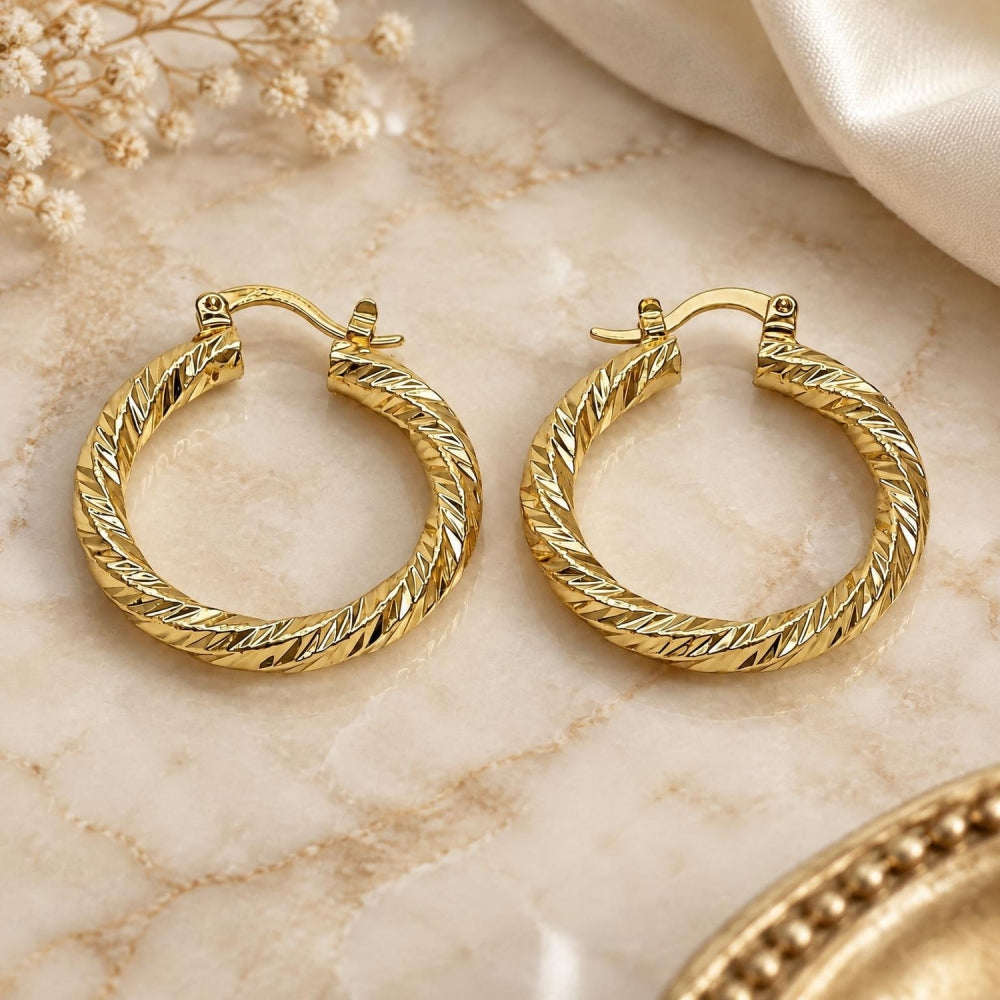 Oro Laminado Medium Hoop, Gold Filled Style Twist Design, Diamond Cutting Finish, Golden Finish