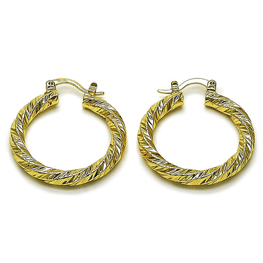 Oro Laminado Medium Hoop, Gold Filled Style Twist Design, Diamond Cutting Finish, Golden Finish