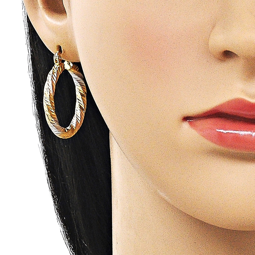 Oro Laminado Medium Hoop, Gold Filled Style Twist Design, Diamond Cutting Finish, Tricolor