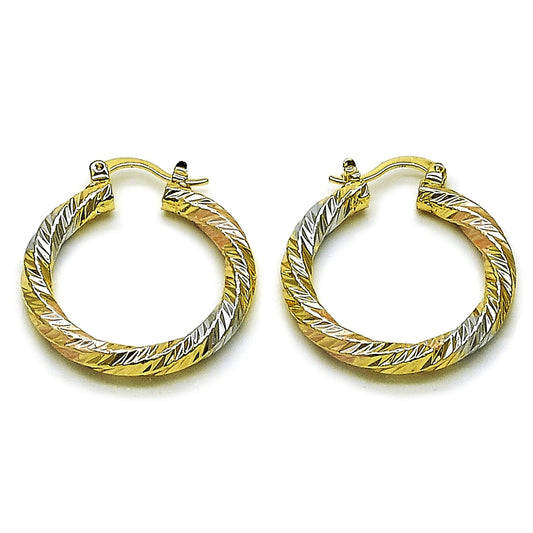Oro Laminado Medium Hoop, Gold Filled Style Twist Design, Diamond Cutting Finish, Tricolor