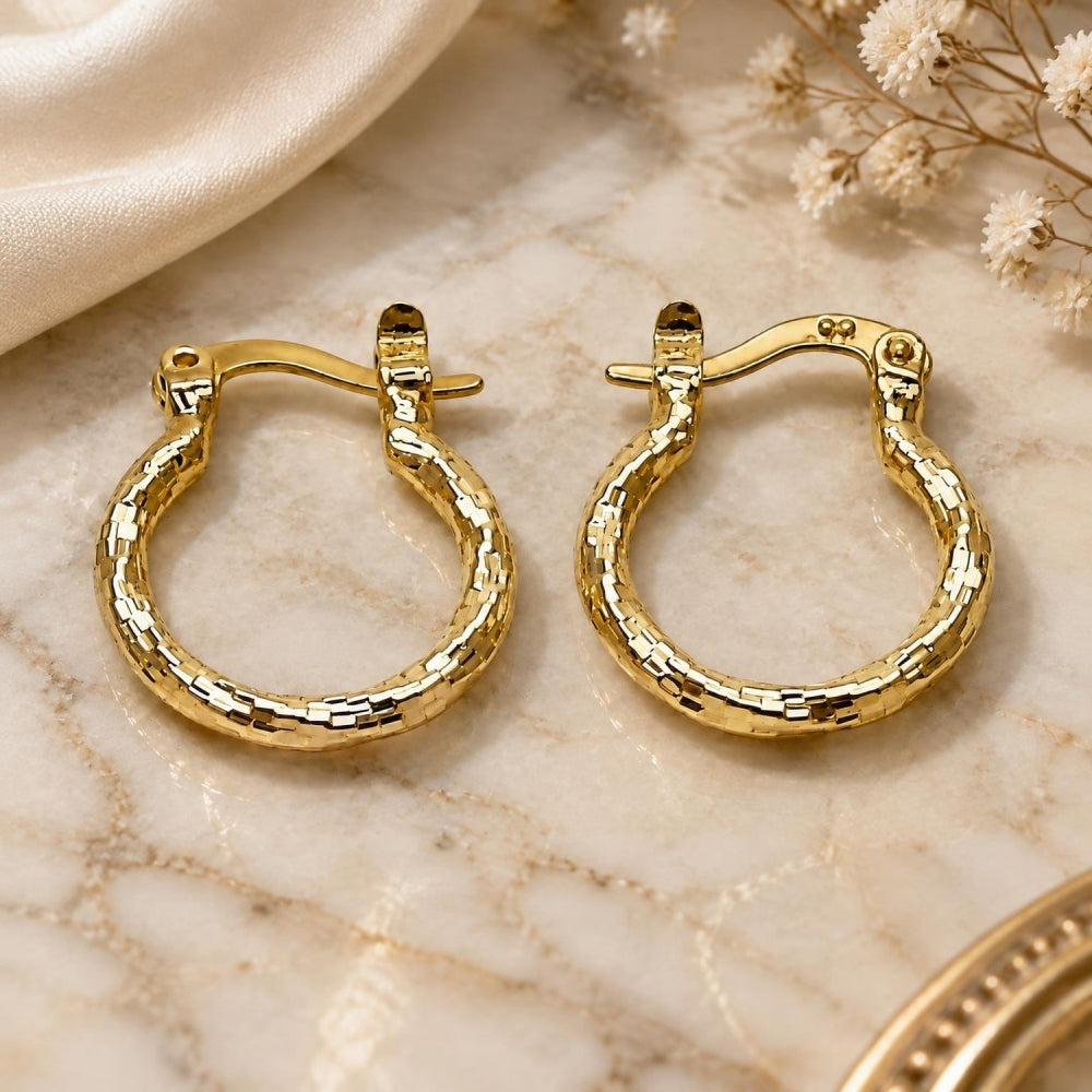 Oro Laminado Small Hoop, Gold Filled Style Twist Design, Diamond Cutting Finish, Golden Finish