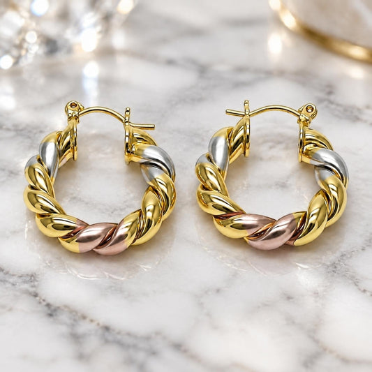 Oro Laminado Small Hoop, Gold Filled Style Twist and Hollow Design, Polished, Tricolor