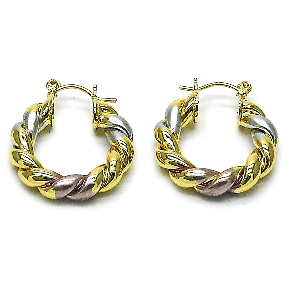 Oro Laminado Small Hoop, Gold Filled Style Twist and Hollow Design, Polished, Tricolor